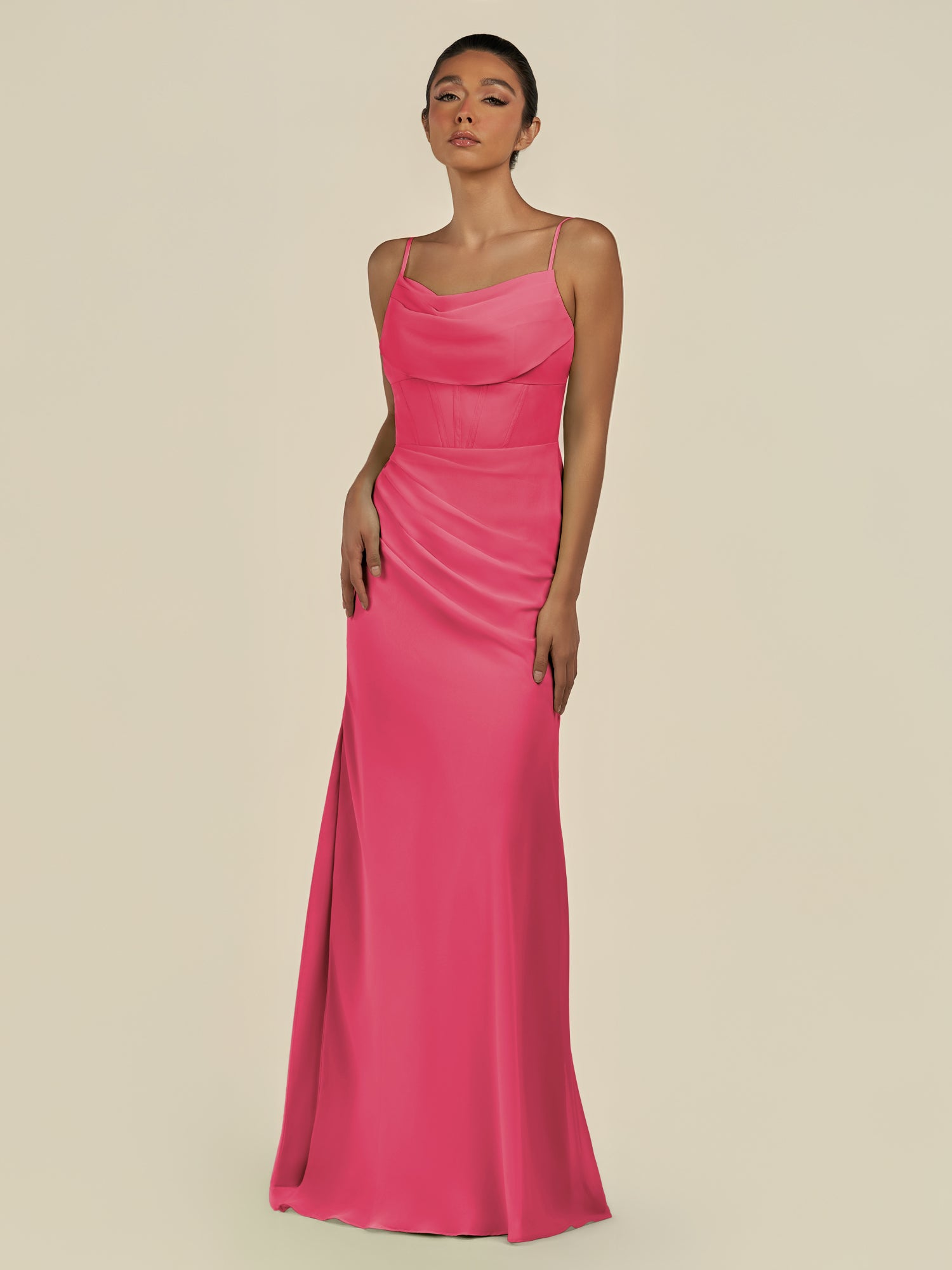 KissDress-Lumira Fuchsia Sheath Spaghetti Straps Chiffon Ruched Long Bridesmaid Dress