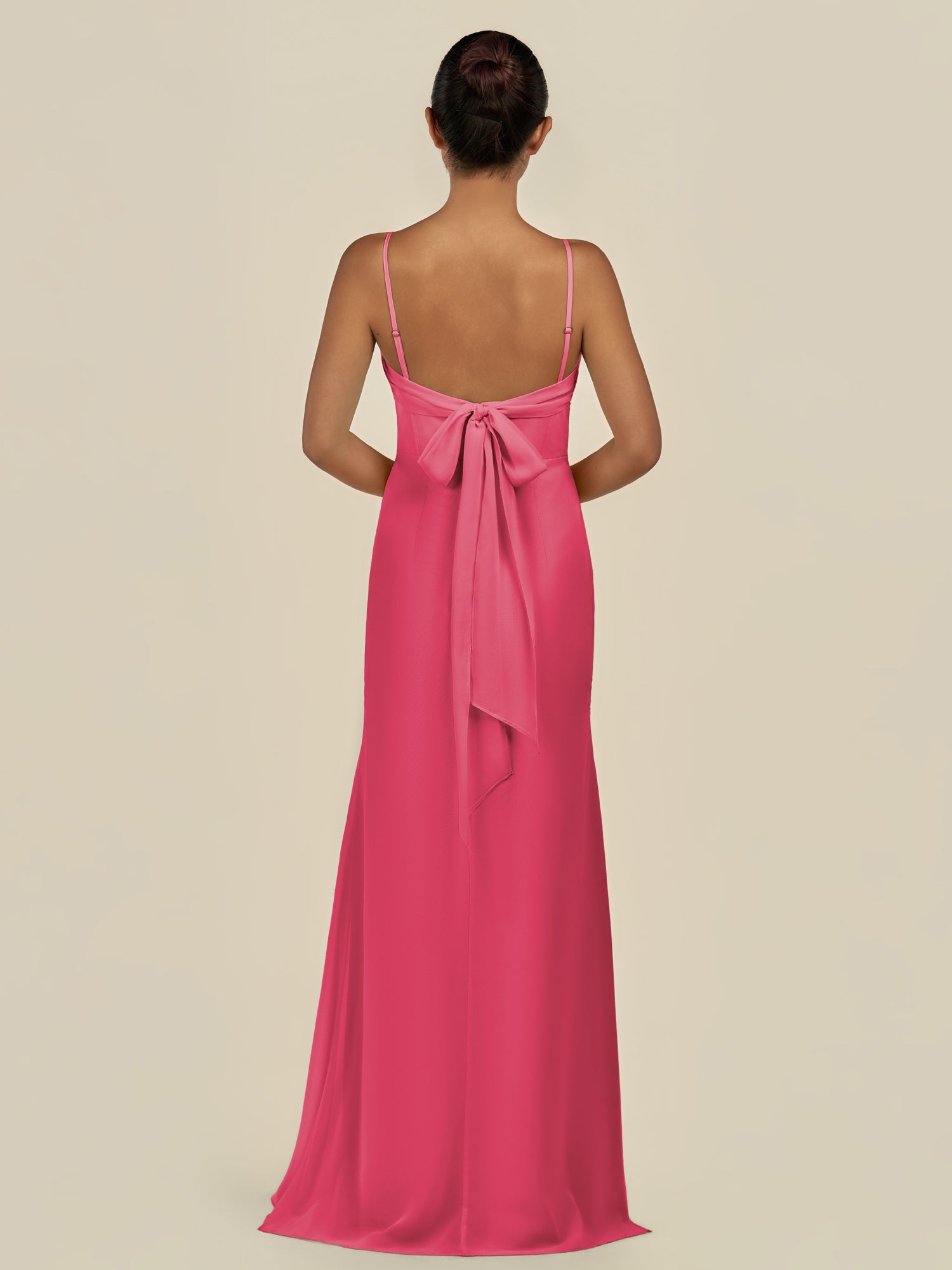 KissDress-Lumira Fuchsia Sheath Spaghetti Straps Chiffon Ruched Long Bridesmaid Dress