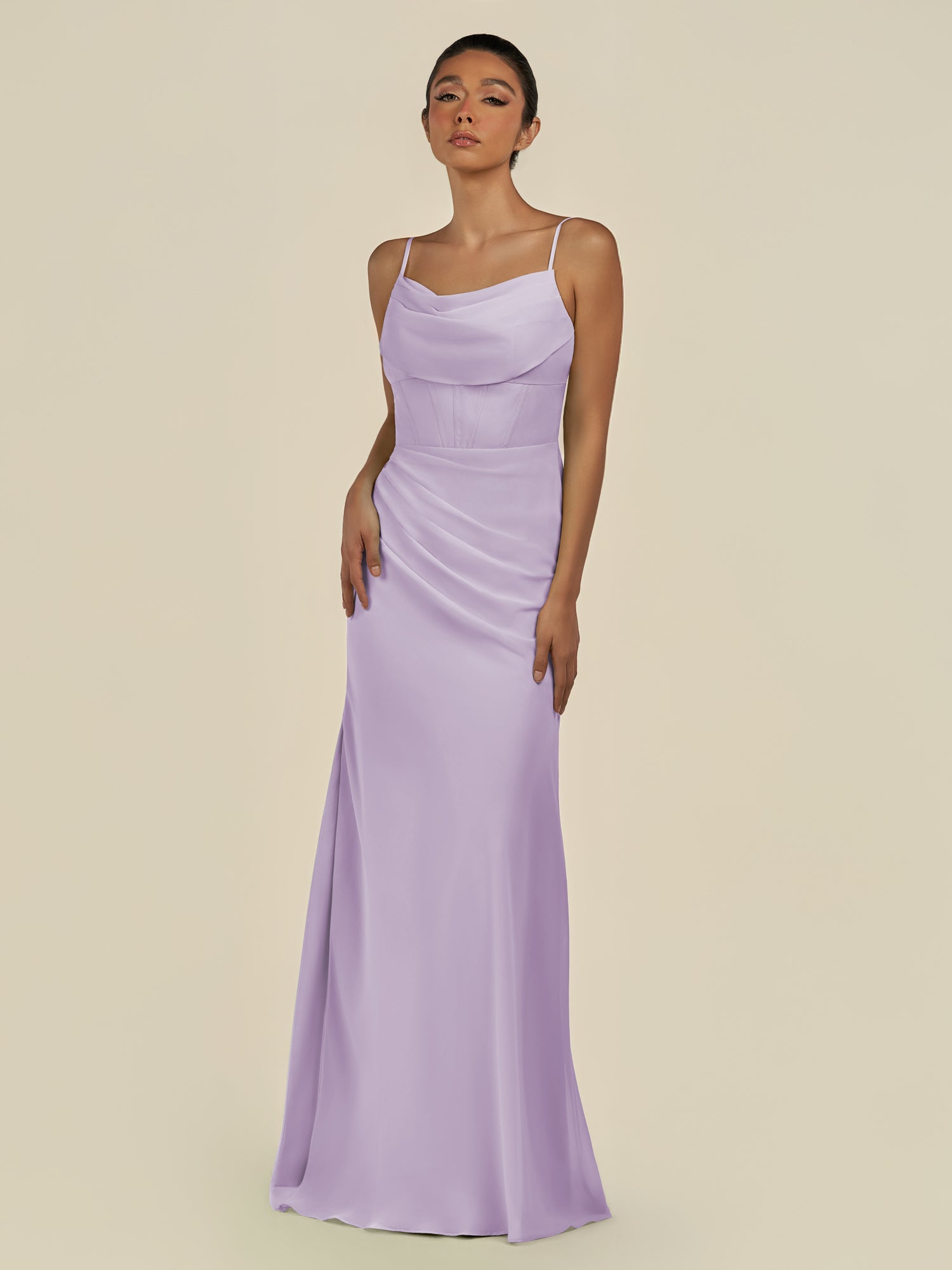 KissDress-Lumira Lavender Sheath Spaghetti Straps Chiffon Ruched Long Bridesmaid Dress