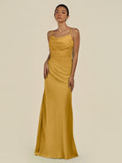 KissDress-Lumira Marigold Sheath Spaghetti Straps Chiffon Ruched Long Bridesmaid Dress