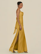 KissDress-Lumira Marigold Sheath Spaghetti Straps Chiffon Ruched Long Bridesmaid Dress