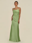 KissDress-Lumira Matcha Sheath Spaghetti Straps Chiffon Ruched Long Bridesmaid Dress