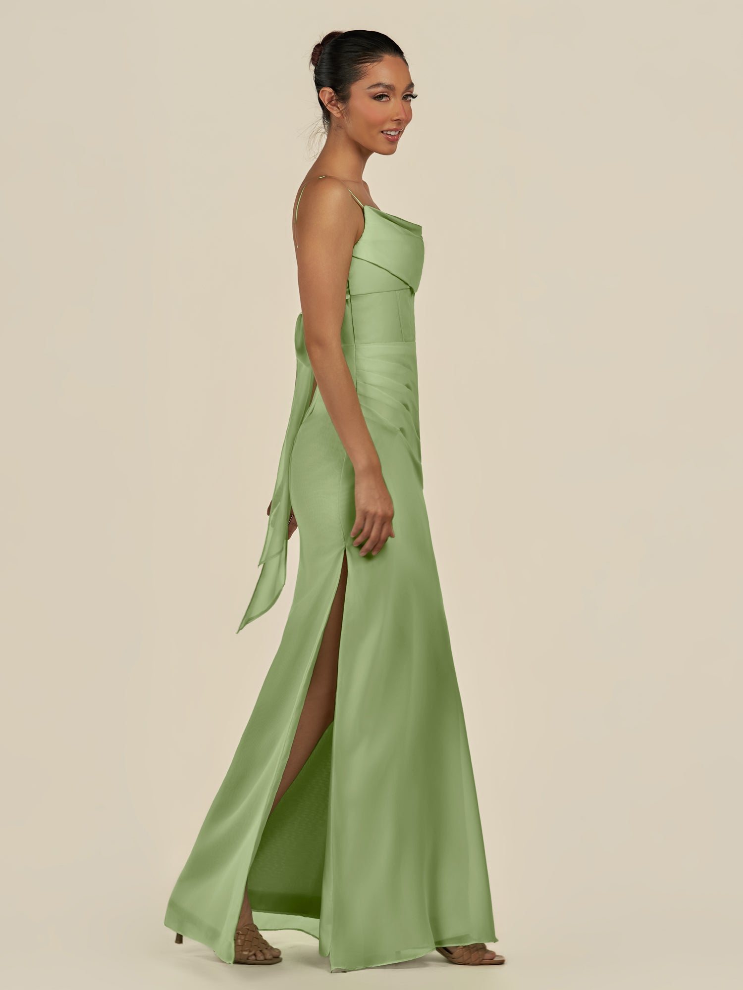 KissDress-Lumira Matcha Sheath Spaghetti Straps Chiffon Ruched Long Bridesmaid Dress