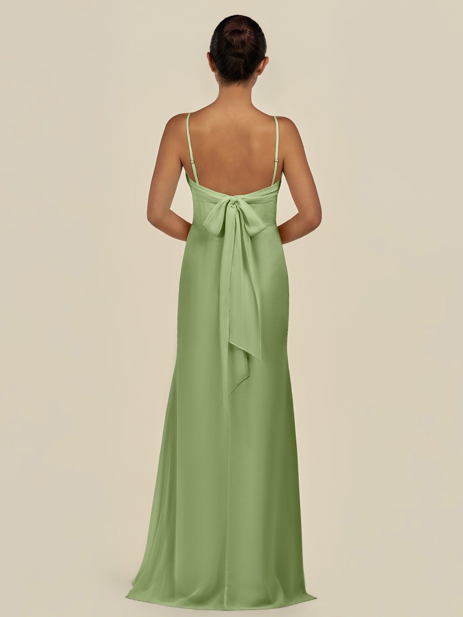 KissDress-Lumira Matcha Sheath Spaghetti Straps Chiffon Ruched Long Bridesmaid Dress