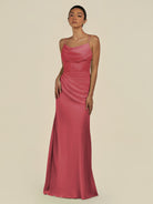 KissDress-Lumira Merlot Sheath Spaghetti Straps Chiffon Ruched Long Bridesmaid Dress