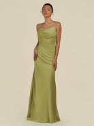 KissDress-Lumira Moss Green Sheath Spaghetti Straps Chiffon Ruched Long Bridesmaid Dress