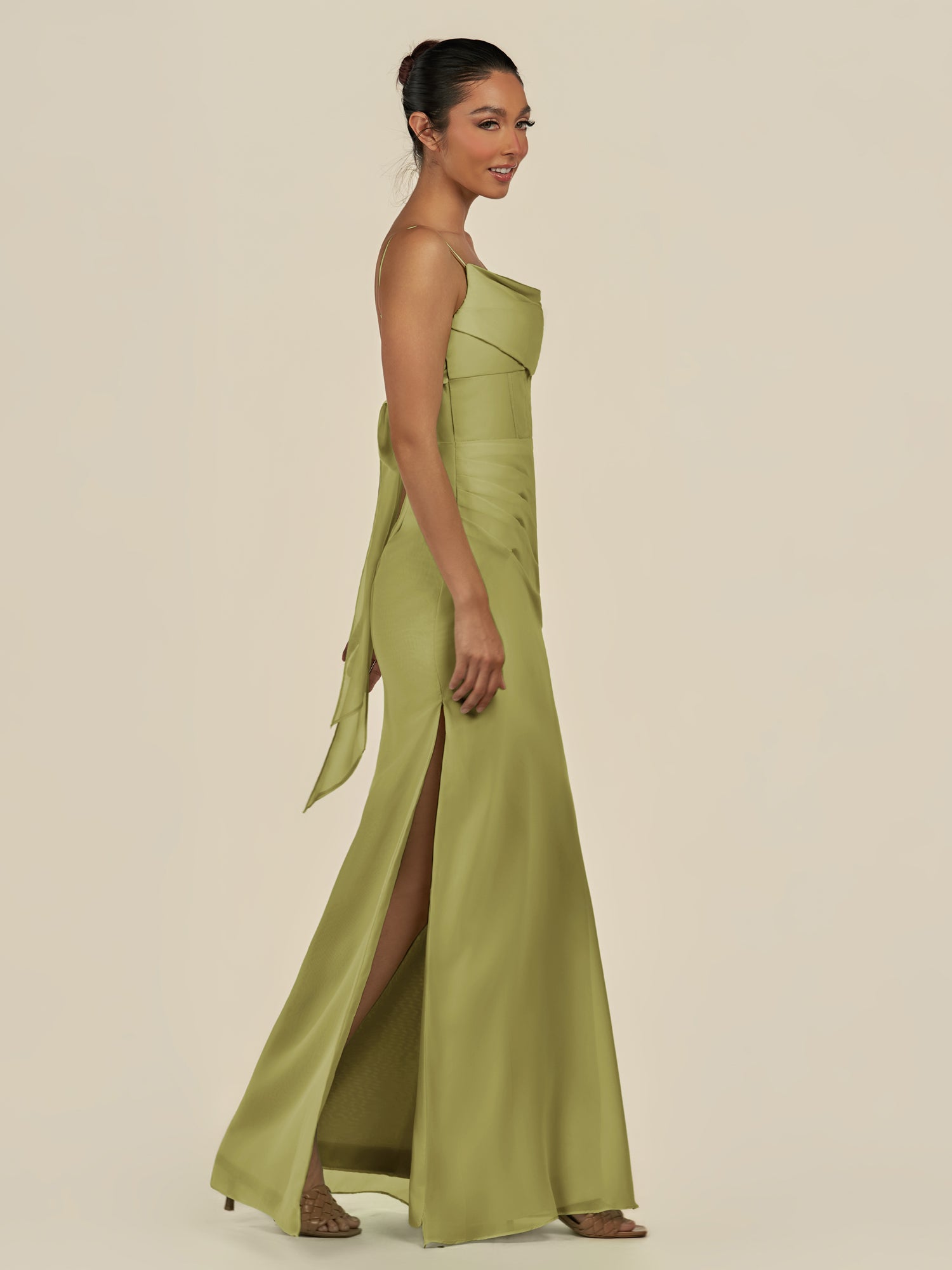 KissDress-Lumira Moss Green Sheath Spaghetti Straps Chiffon Ruched Long Bridesmaid Dress