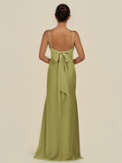 KissDress-Lumira Moss Green Sheath Spaghetti Straps Chiffon Ruched Long Bridesmaid Dress