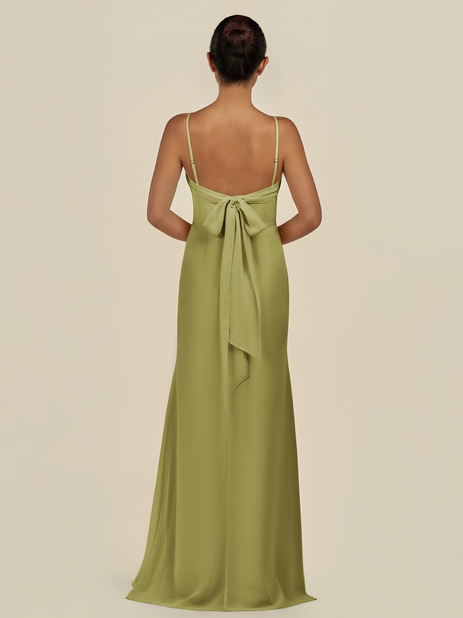 KissDress-Lumira Moss Green Sheath Spaghetti Straps Chiffon Ruched Long Bridesmaid Dress