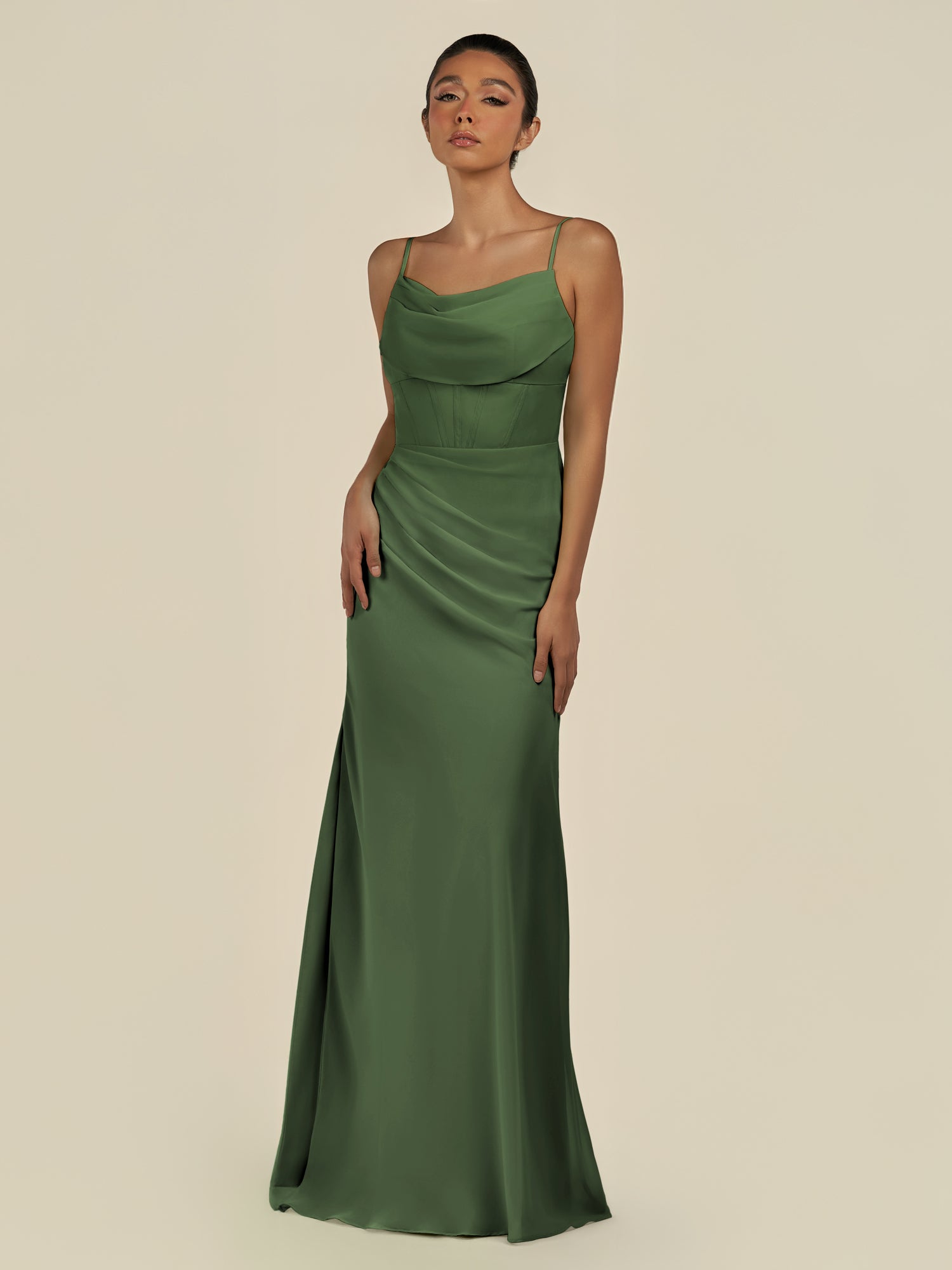 KissDress-Lumira Moss Sheath Spaghetti Straps Chiffon Ruched Long Bridesmaid Dress