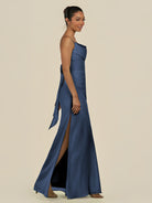 KissDress-Lumira Navy Sheath Spaghetti Straps Chiffon Ruched Long Bridesmaid Dress