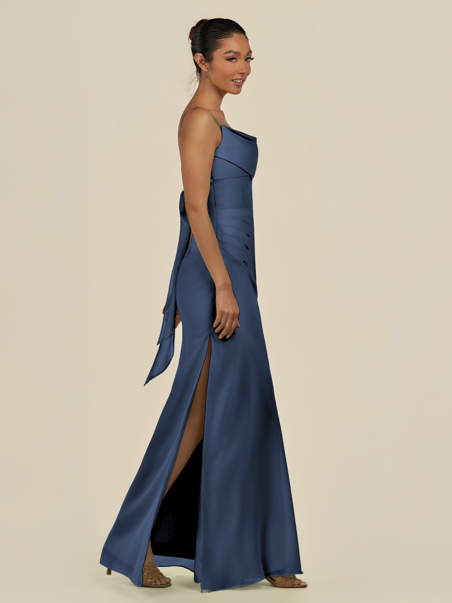 KissDress-Lumira Navy Sheath Spaghetti Straps Chiffon Ruched Long Bridesmaid Dress