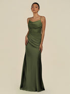 KissDress-Lumira Olive Sheath Spaghetti Straps Chiffon Ruched Long Bridesmaid Dress