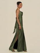 KissDress-Lumira Olive Sheath Spaghetti Straps Chiffon Ruched Long Bridesmaid Dress
