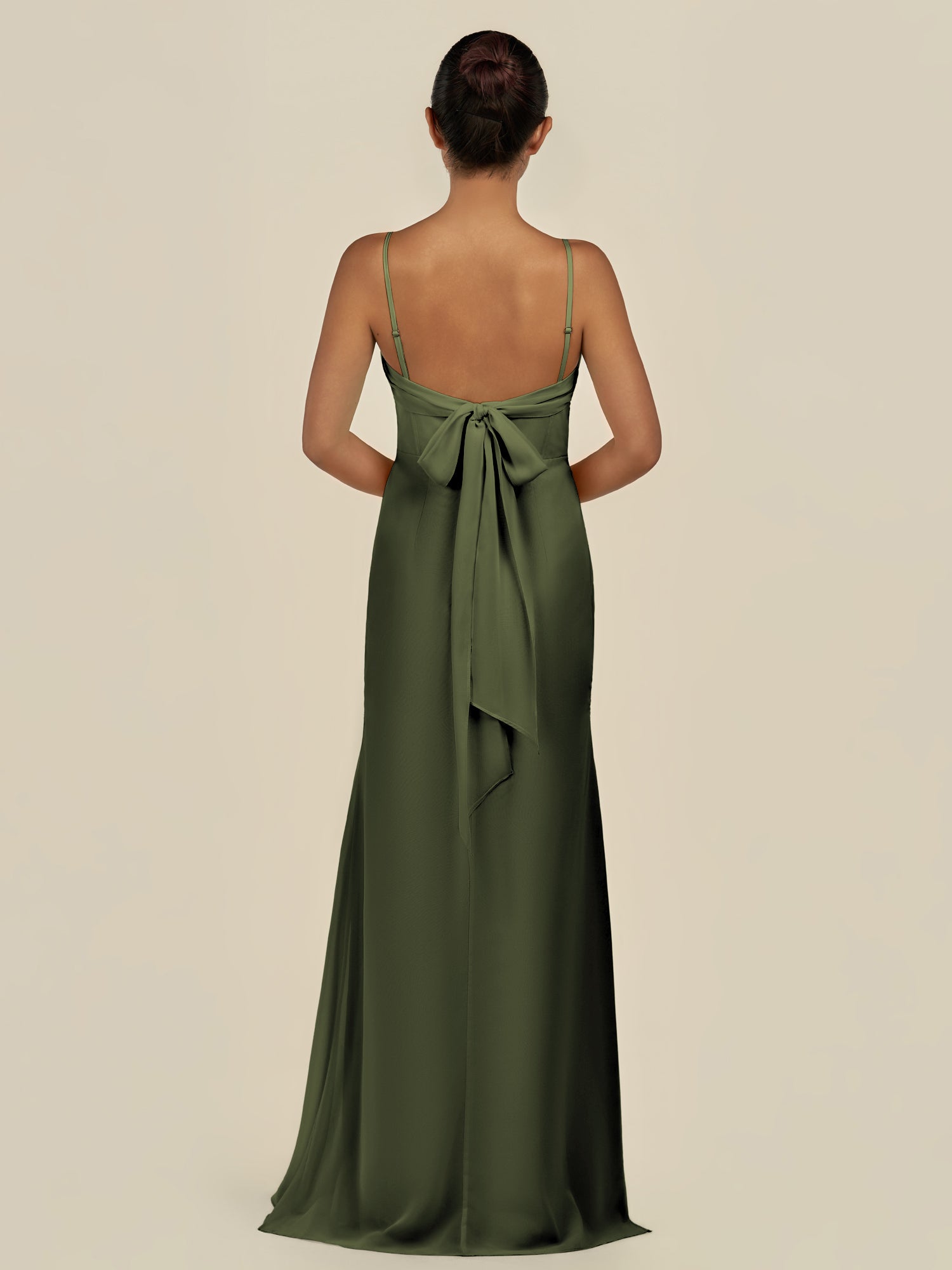 KissDress-Lumira Olive Sheath Spaghetti Straps Chiffon Ruched Long Bridesmaid Dress