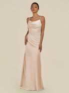 KissDress-Lumira Pale Blush Sheath Spaghetti Straps Chiffon Ruched Long Bridesmaid Dress