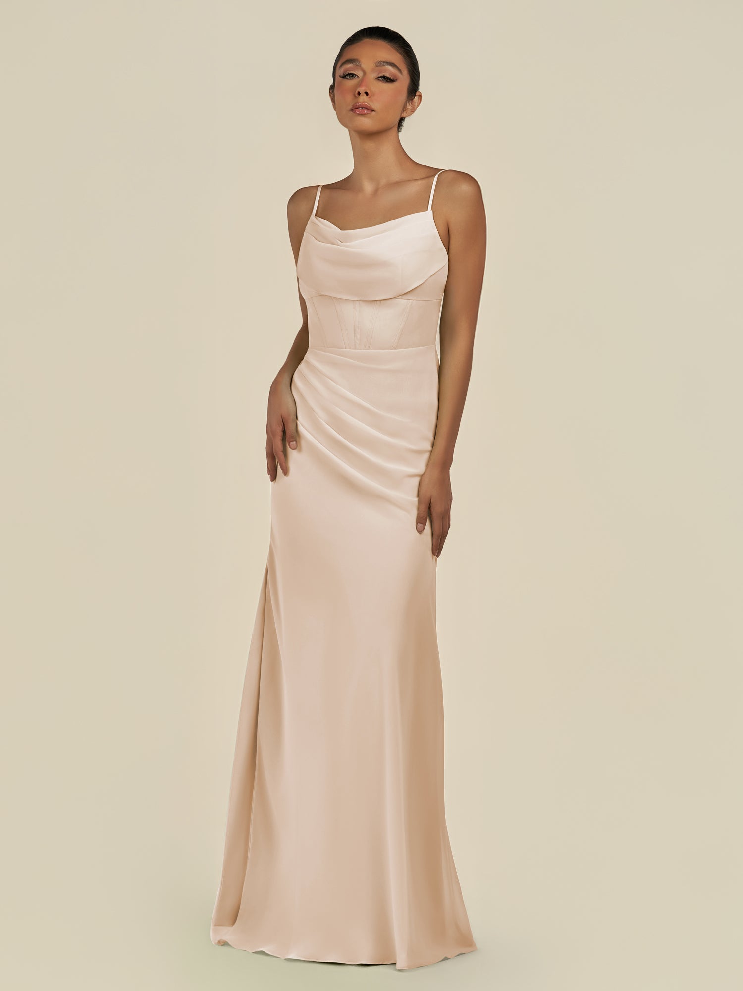 KissDress-Lumira Pale Blush Sheath Spaghetti Straps Chiffon Ruched Long Bridesmaid Dress