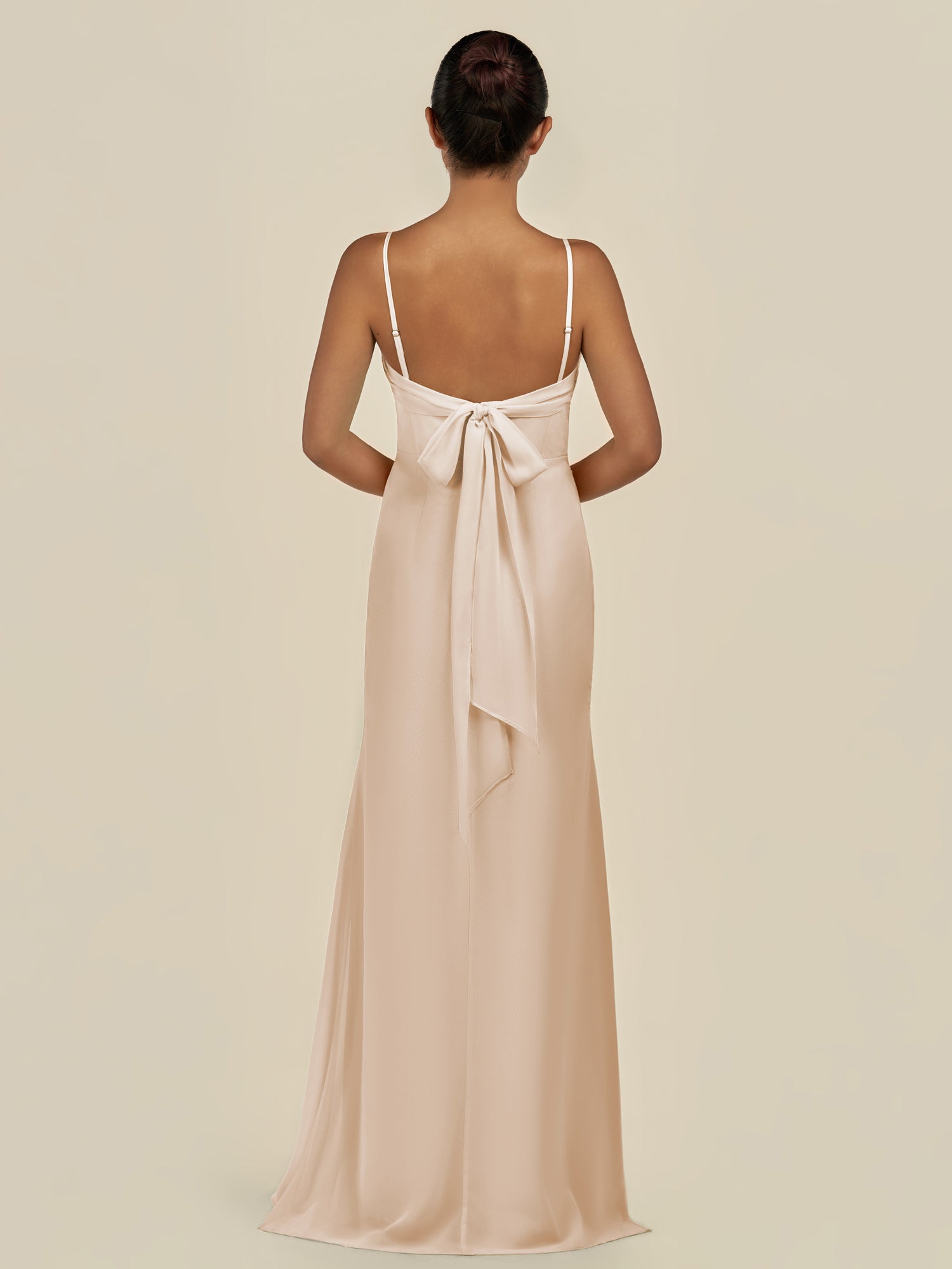 KissDress-Lumira Pale Blush Sheath Spaghetti Straps Chiffon Ruched Long Bridesmaid Dress