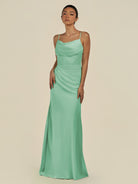 KissDress-Lumira Pale Pistachio Sheath Spaghetti Straps Chiffon Ruched Long Bridesmaid Dress