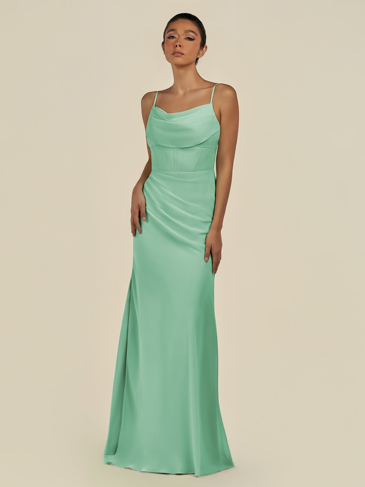 KissDress-Lumira Pale Pistachio Sheath Spaghetti Straps Chiffon Ruched Long Bridesmaid Dress