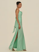 KissDress-Lumira Pale Pistachio Sheath Spaghetti Straps Chiffon Ruched Long Bridesmaid Dress