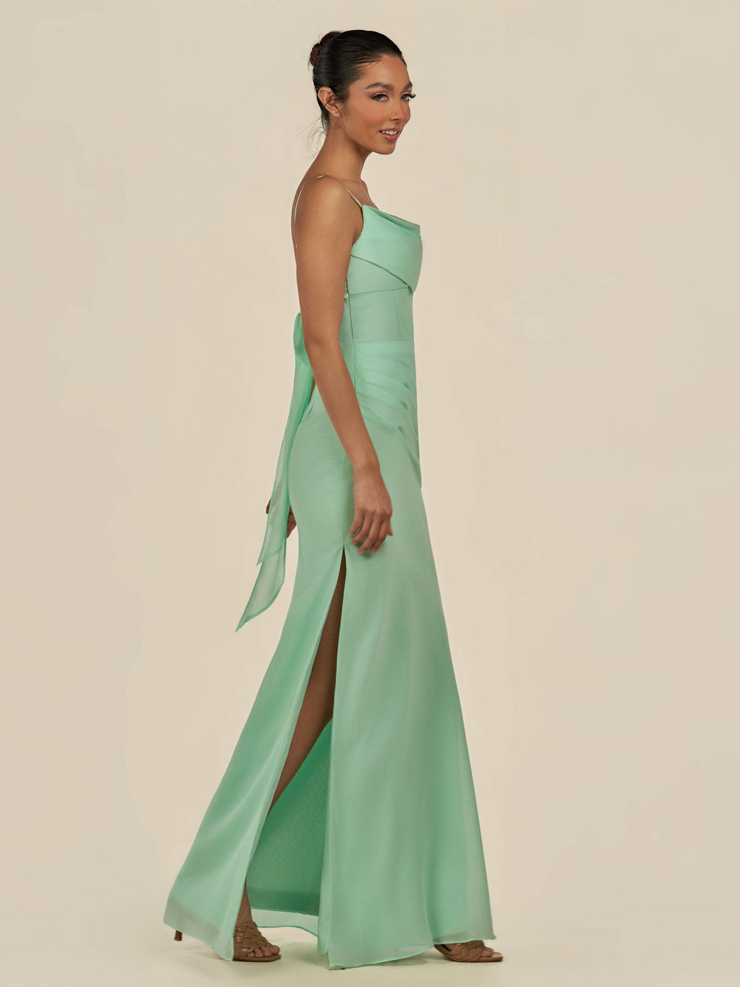 KissDress-Lumira Pale Pistachio Sheath Spaghetti Straps Chiffon Ruched Long Bridesmaid Dress