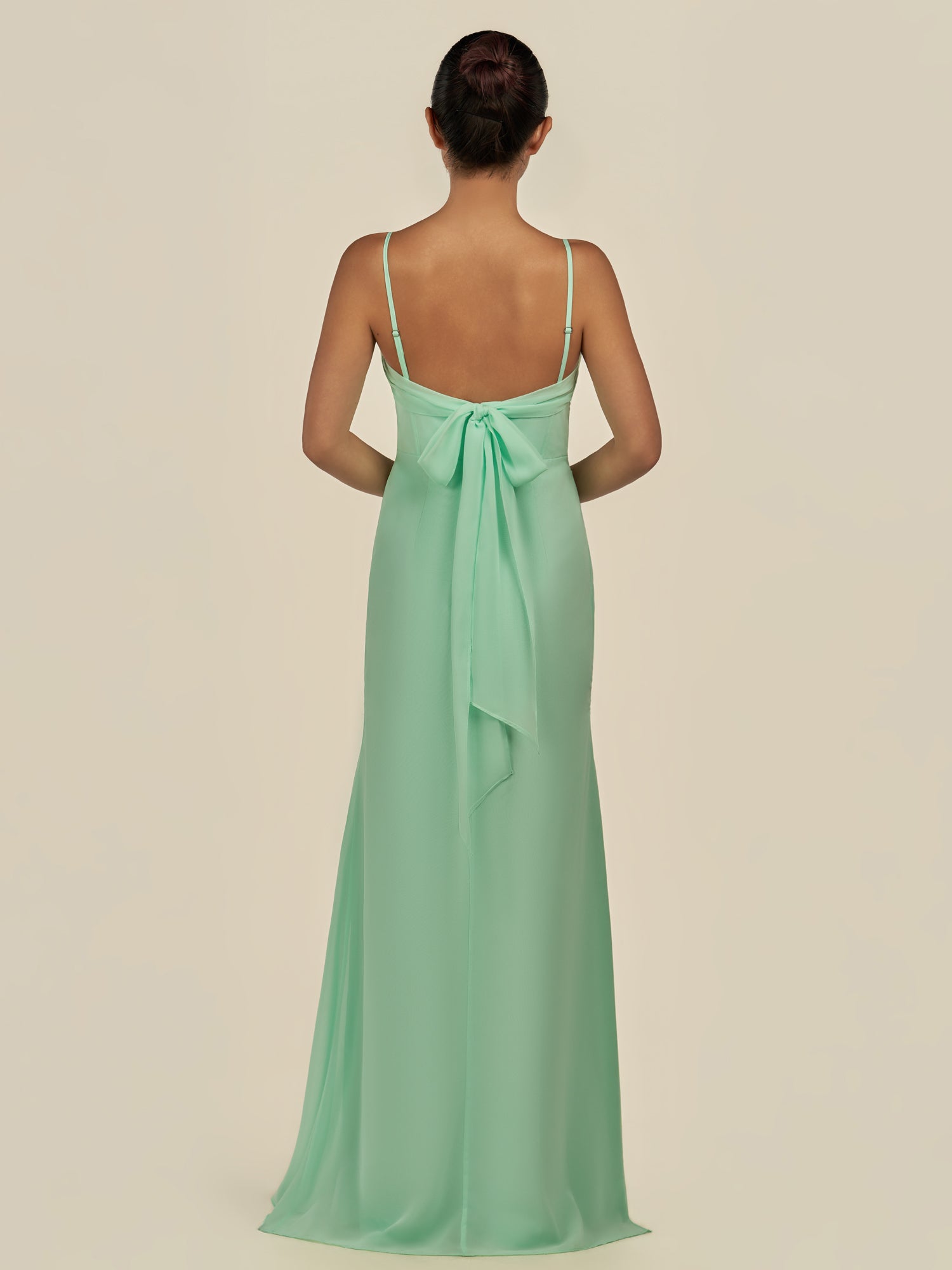 KissDress-Lumira Pale Pistachio Sheath Spaghetti Straps Chiffon Ruched Long Bridesmaid Dress