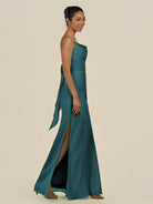 KissDress-Lumira Pine Sheath Spaghetti Straps Chiffon Ruched Long Bridesmaid Dress