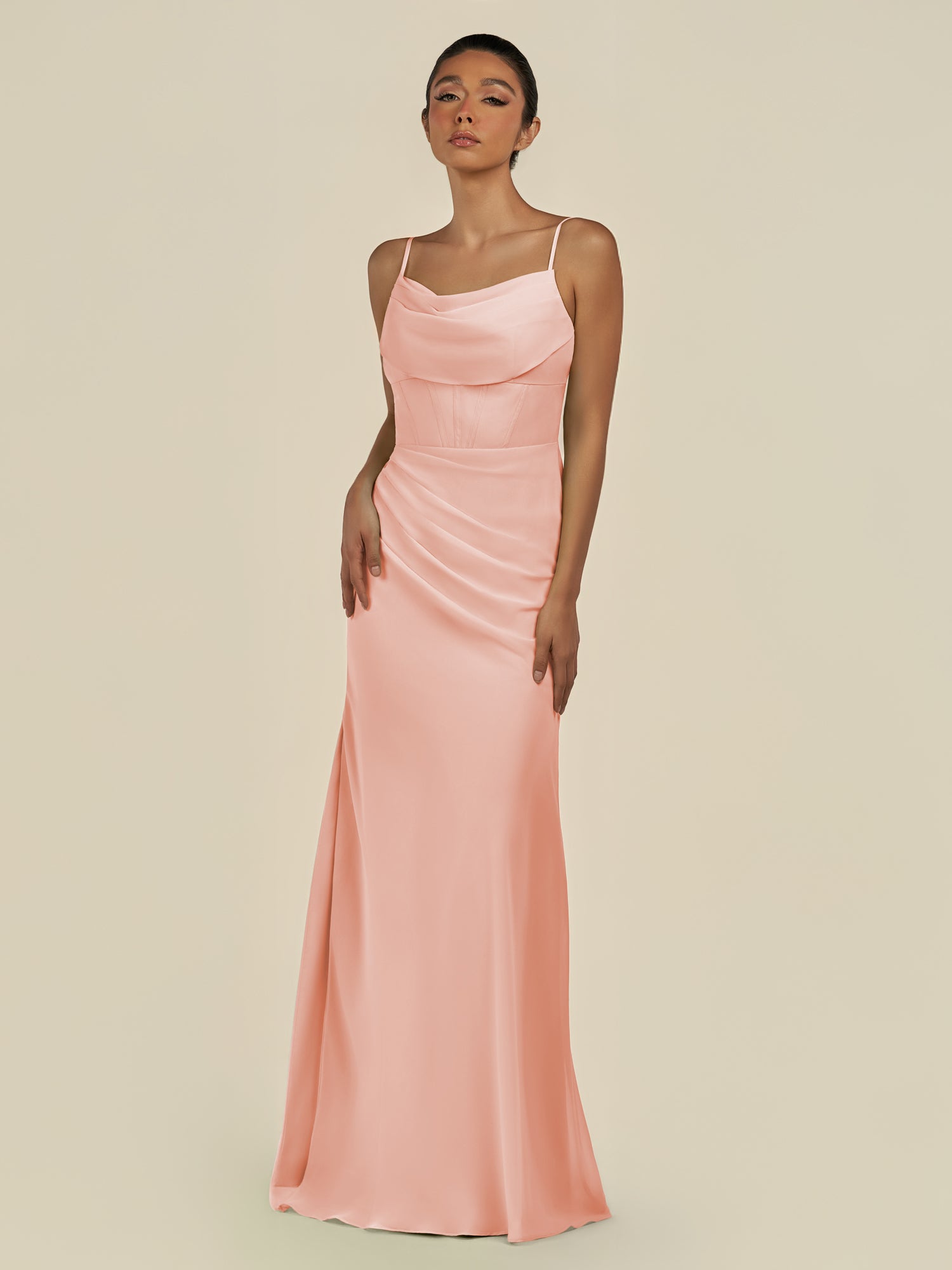 KissDress-Lumira Rose Petal Sheath Spaghetti Straps Chiffon Ruched Long Bridesmaid Dress