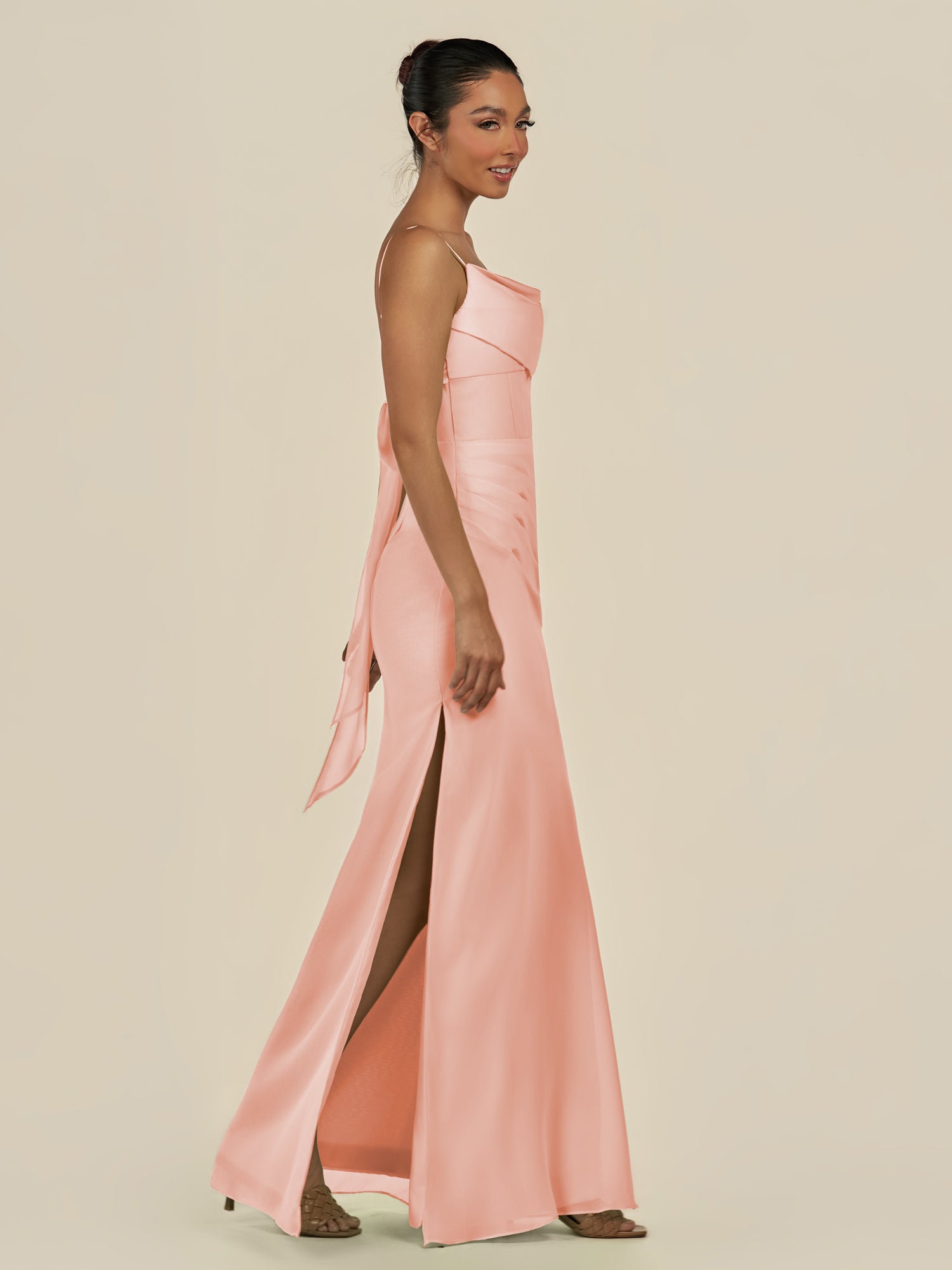 KissDress-Lumira Rose Petal Sheath Spaghetti Straps Chiffon Ruched Long Bridesmaid Dress