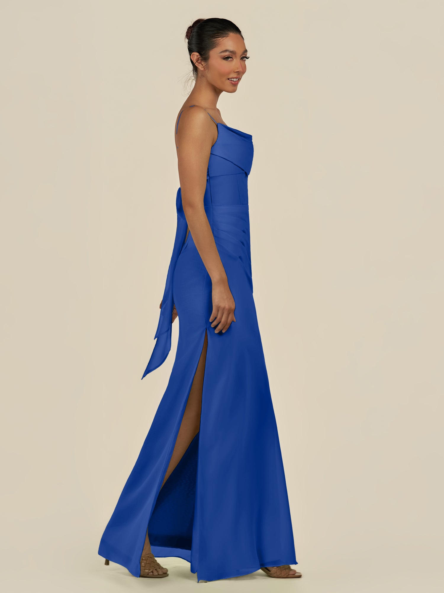 KissDress-Lumira Royal Blue Sheath Spaghetti Straps Chiffon Ruched Long Bridesmaid Dress