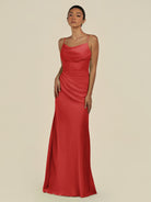 KissDress-Lumira Ruby Red Sheath Spaghetti Straps Chiffon Ruched Long Bridesmaid Dress