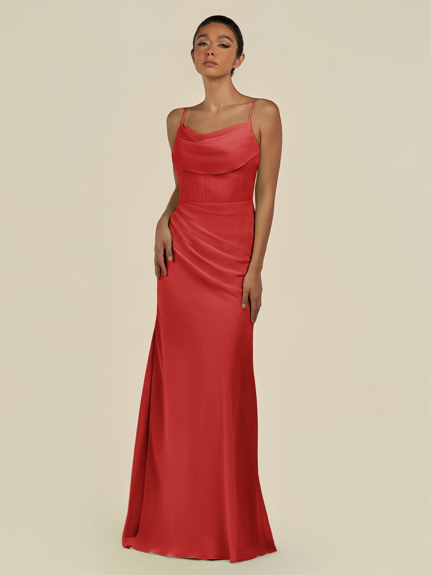 KissDress-Lumira Ruby Red Sheath Spaghetti Straps Chiffon Ruched Long Bridesmaid Dress