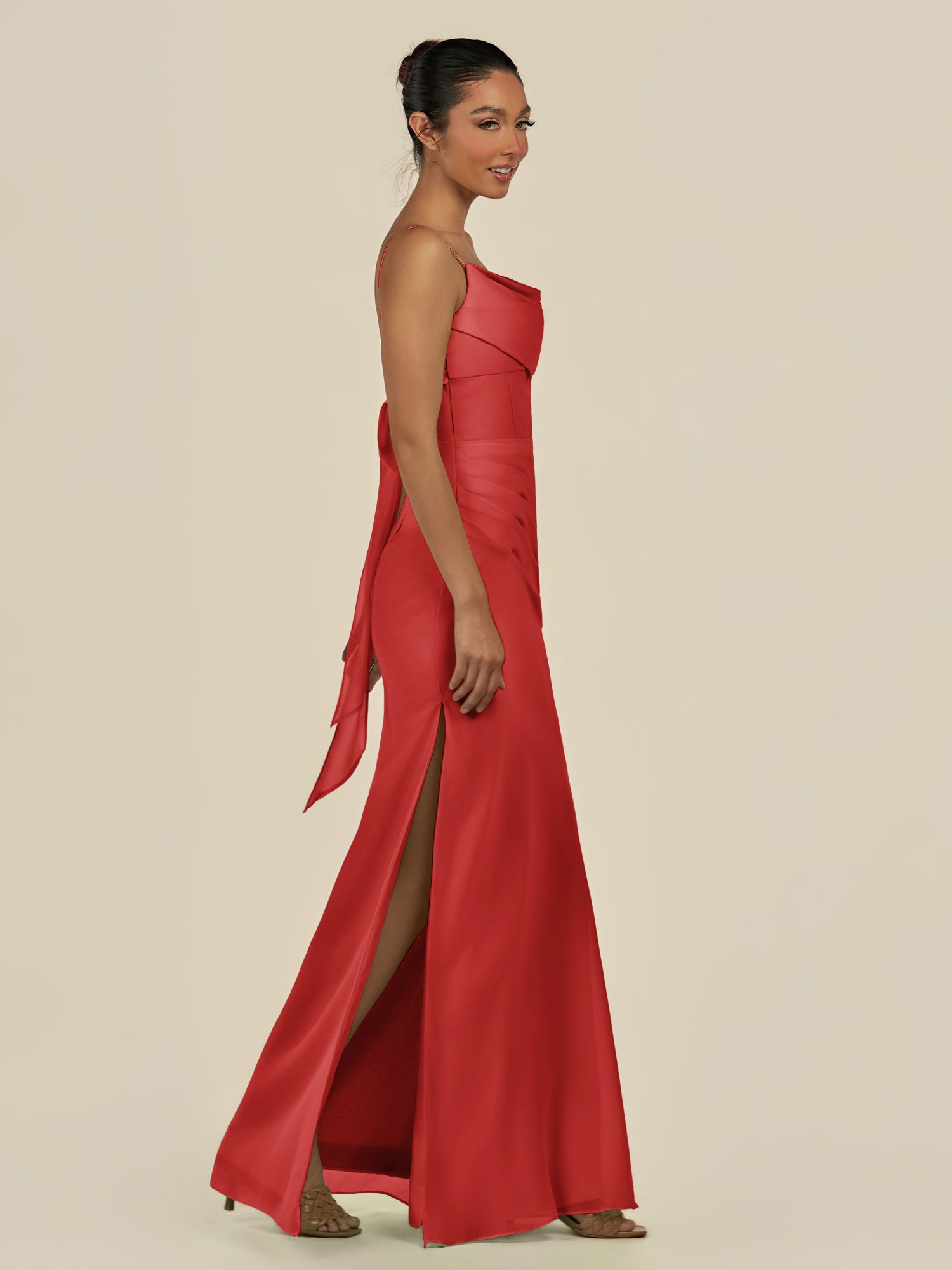 KissDress-Lumira Ruby Red Sheath Spaghetti Straps Chiffon Ruched Long Bridesmaid Dress