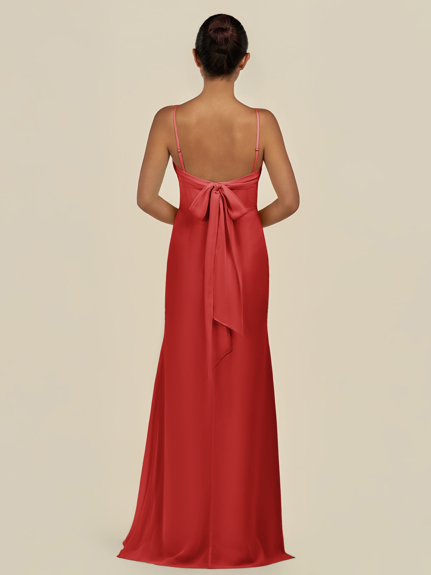 KissDress-Lumira Ruby Red Sheath Spaghetti Straps Chiffon Ruched Long Bridesmaid Dress