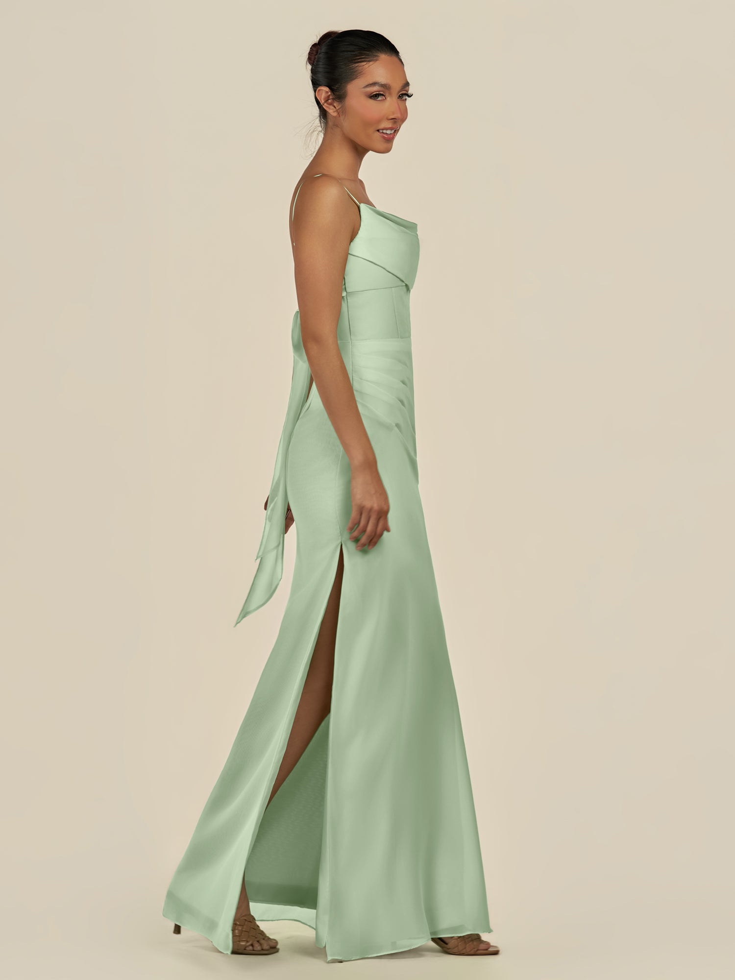 KissDress-Lumira Sage Sheath Spaghetti Straps Chiffon Ruched Long Bridesmaid Dress