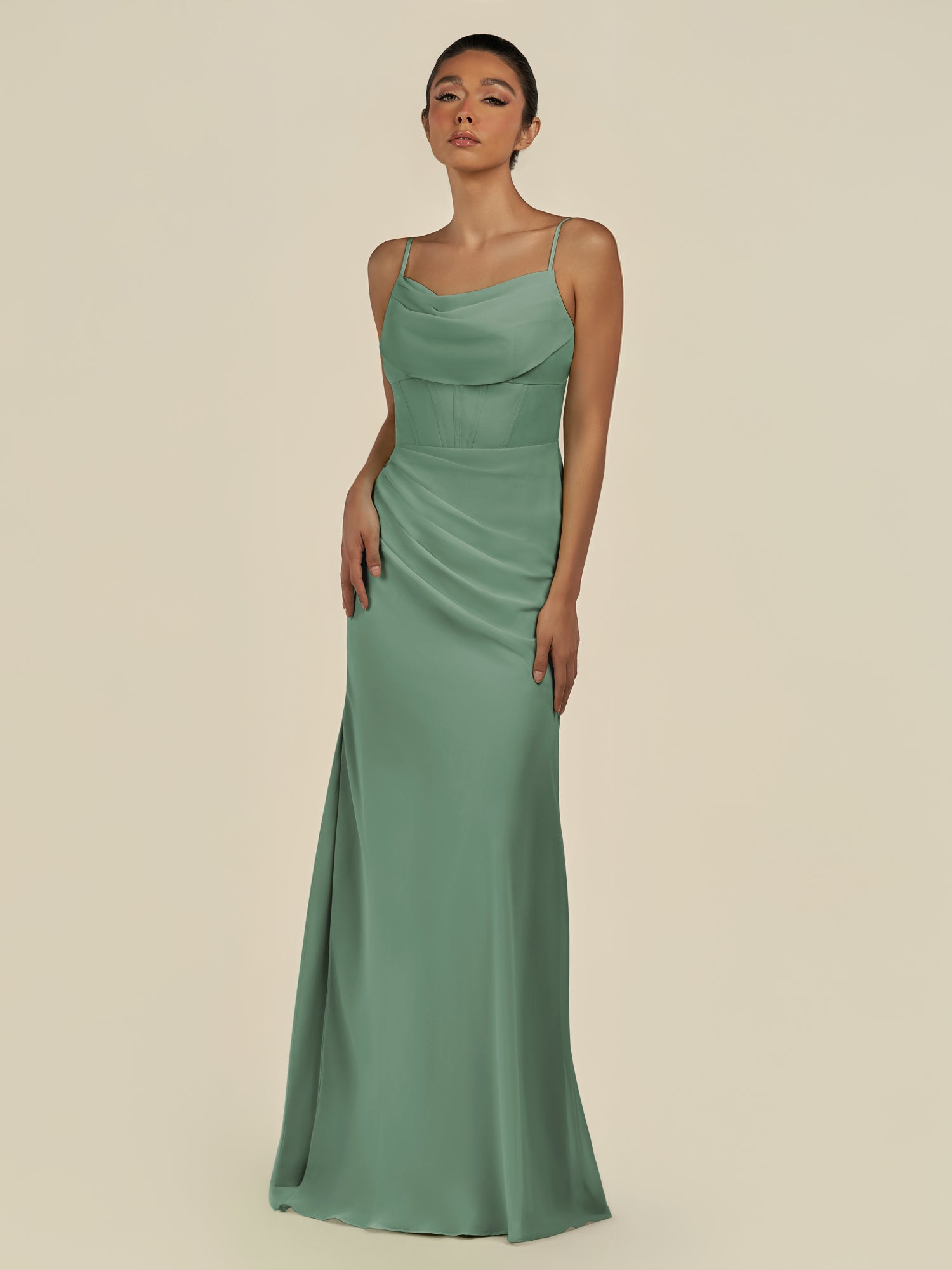 KissDress-Lumira Sea Glass Sheath Spaghetti Straps Chiffon Ruched Long Bridesmaid Dress