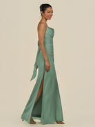 KissDress-Lumira Sea Glass Sheath Spaghetti Straps Chiffon Ruched Long Bridesmaid Dress