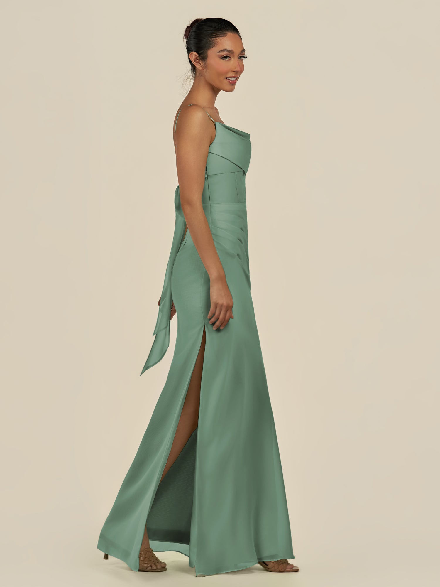 KissDress-Lumira Sea Glass Sheath Spaghetti Straps Chiffon Ruched Long Bridesmaid Dress