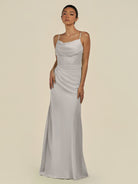 KissDress-Lumira Silver Sheath Spaghetti Straps Chiffon Ruched Long Bridesmaid Dress