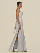 KissDress-Lumira Silver Sheath Spaghetti Straps Chiffon Ruched Long Bridesmaid Dress