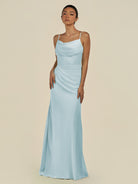 KissDress-Lumira Sky Blue Sheath Spaghetti Straps Chiffon Ruched Long Bridesmaid Dress