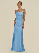 KissDress-Lumira Steel Blue Sheath Spaghetti Straps Chiffon Ruched Long Bridesmaid Dress