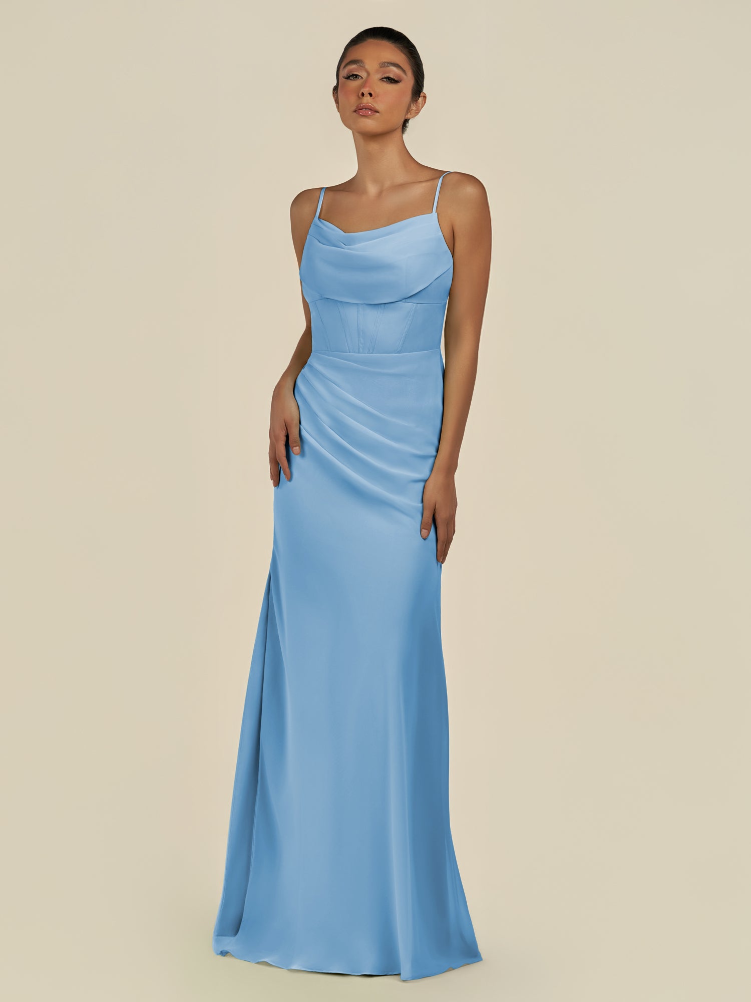 KissDress-Lumira Steel Blue Sheath Spaghetti Straps Chiffon Ruched Long Bridesmaid Dress