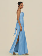 KissDress-Lumira Steel Blue Sheath Spaghetti Straps Chiffon Ruched Long Bridesmaid Dress