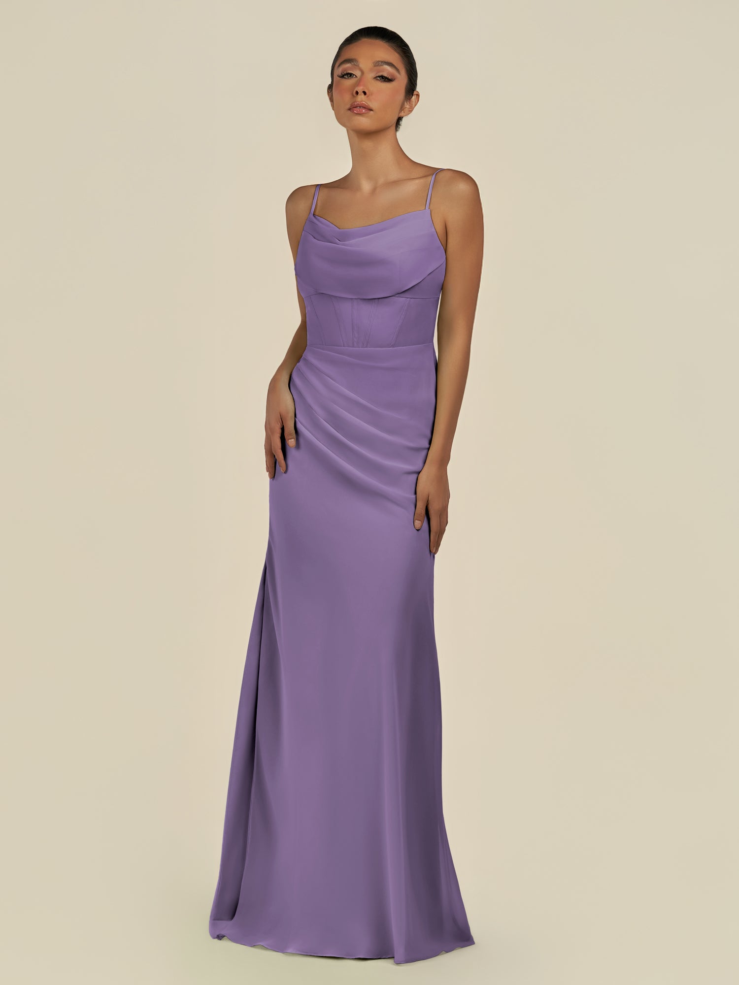 KissDress-Lumira Tahiti Sheath Spaghetti Straps Chiffon Ruched Long Bridesmaid Dress