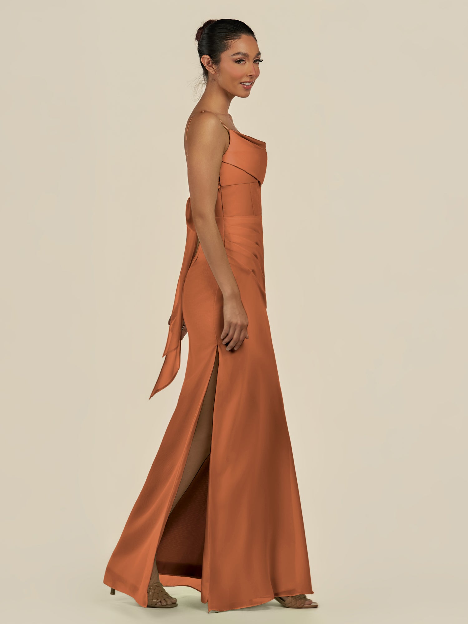 KissDress-Lumira Terracotta Sheath Spaghetti Straps Chiffon Ruched Long Bridesmaid Dress