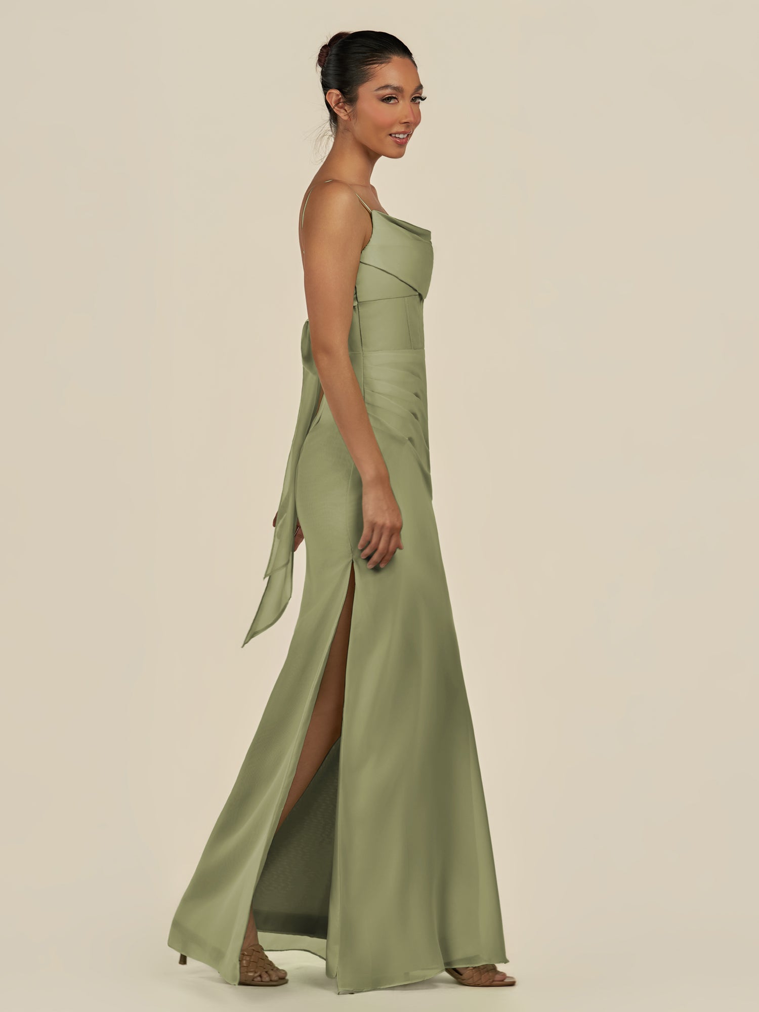 KissDress-Lumira Thyme Sheath Spaghetti Straps Chiffon Ruched Long Bridesmaid Dress