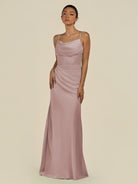 KissDress-Lumira Toffee Sheath Spaghetti Straps Chiffon Ruched Long Bridesmaid Dress