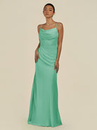 KissDress-Lumira Turquoise Sheath Spaghetti Straps Chiffon Ruched Long Bridesmaid Dress
